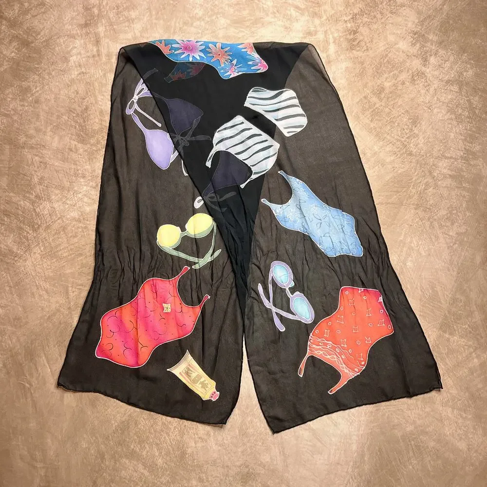 Vintage 80s Beach Swimsuit Bikini Print Scarf Sheer Multicolor Retro Tropical